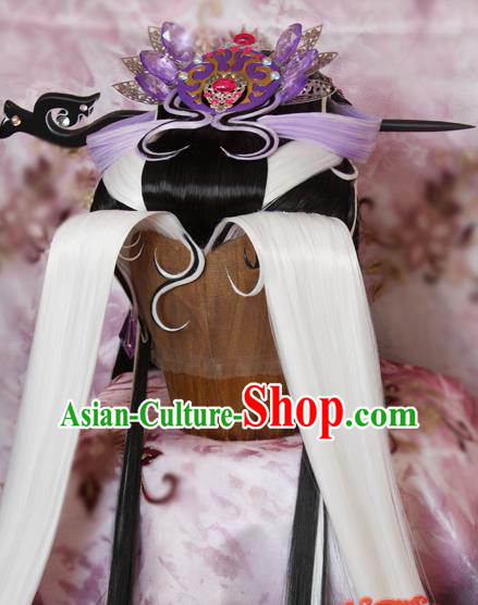 Chinese Ancient Swordswoman Wigs and Hair Crown Traditional Puppet Show Demon Queen Hair Accessories Cosplay Empress Headdress