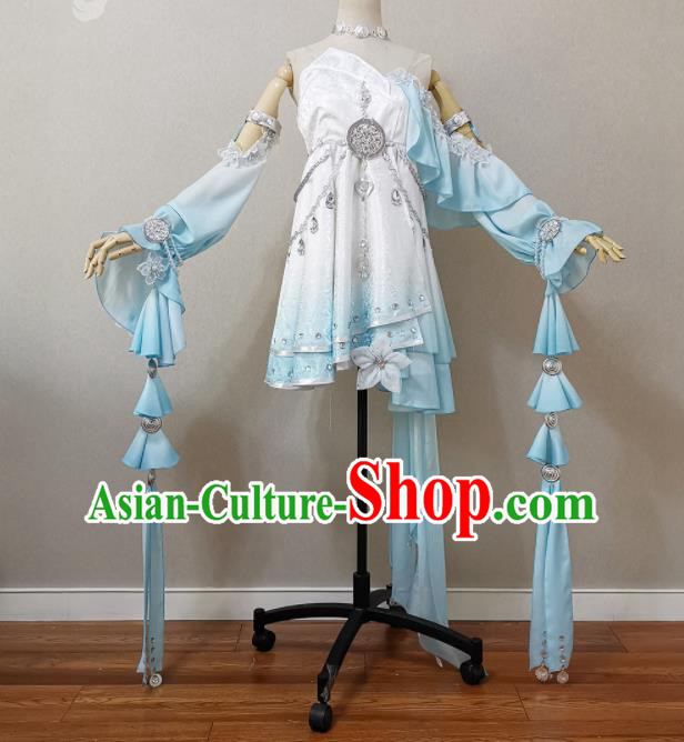 China Ancient Young Lady Light Blue Dress Outfits Traditional JX Online Clothing Cosplay Swordswoman Garment Costumes
