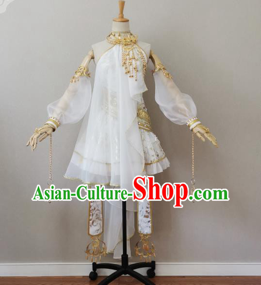 China Ancient Young Lady White Short Dress Outfits Traditional JX Online Female Swordsman Clothing Cosplay Fairy Garment Costumes