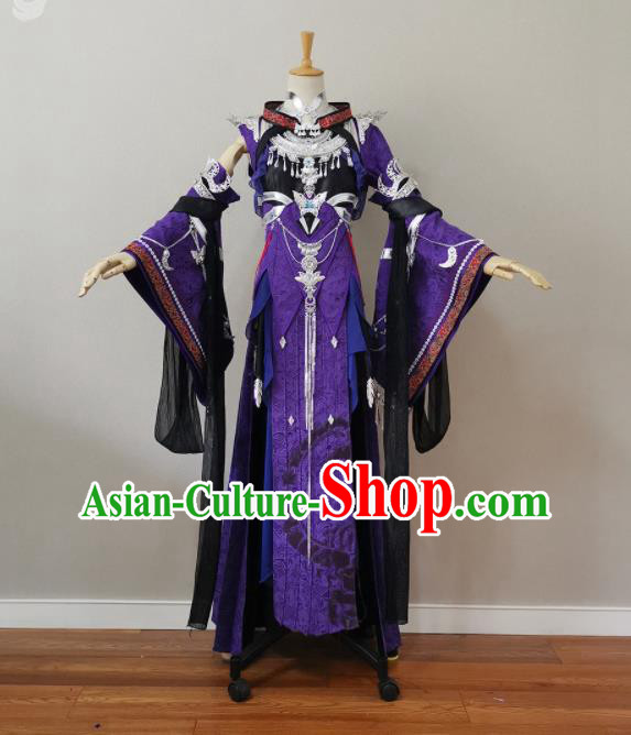 China Cosplay Heroine Garment Costumes Ancient Fairy Queen Purple Dress Outfits Traditional JX Online Swordswoman Clothing