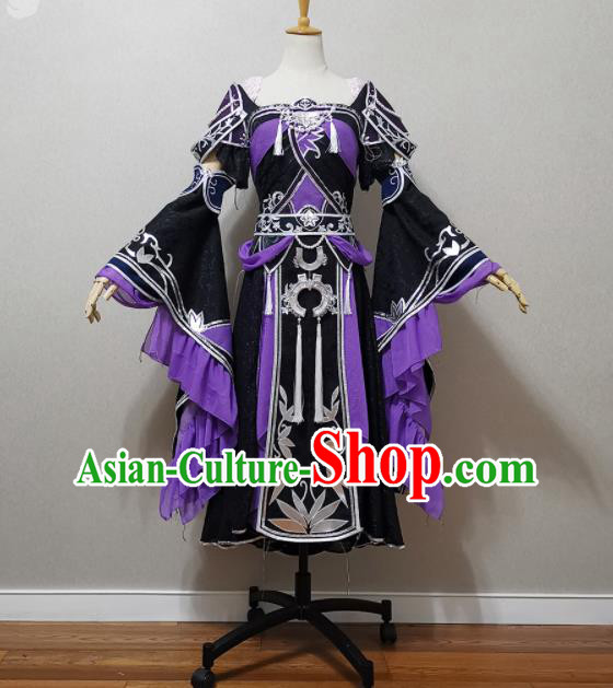 China Traditional JX Online Swordswoman Clothing Cosplay Heroine Garment Costumes Ancient Young Lady Black Dress Outfits