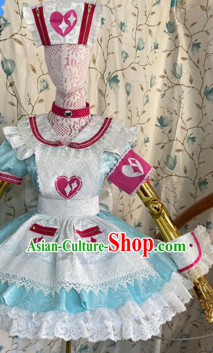 Top Cartoon Servant Lady Clothing Cosplay Angel Blue Short Dress Outfits Halloween Stage Performance Garment Costume