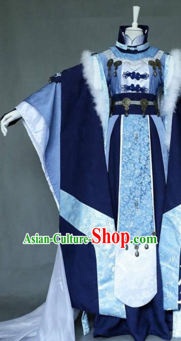 Chinese Traditional Puppet Show Swordsman Garment Costumes Cosplay Knight King Clothing Ancient Emperor Blue Uniforms