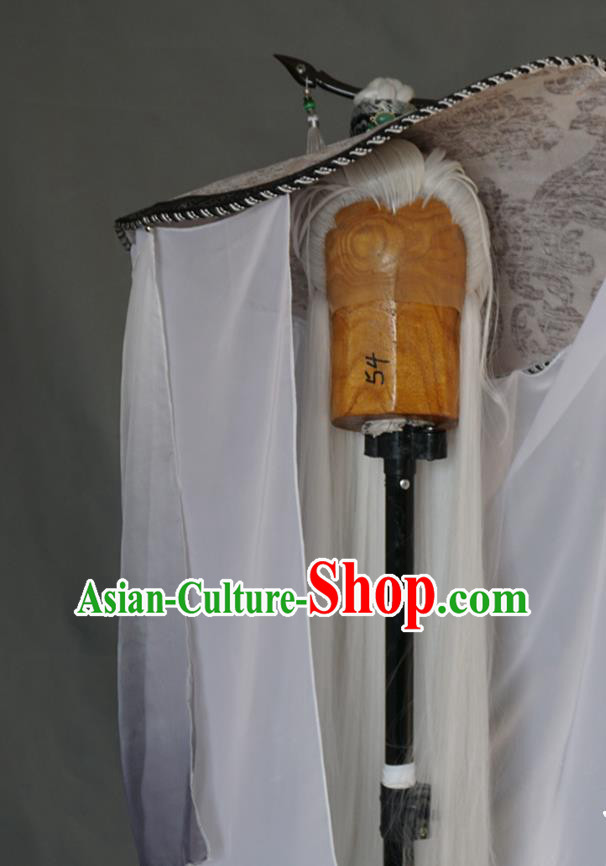 Chinese Cosplay Elderly Knight White Wigs and Curtain Hat Traditional Puppet Show Swordsman Hairpieces Handmade Ancient Taoist Headdress