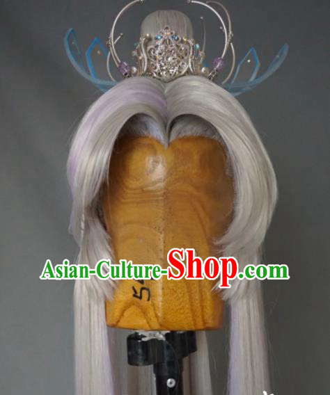 Chinese Traditional Puppet Show Swordsman Ren Piaomiao Hairpieces Handmade Ancient Elderly Male Headdress Cosplay Taoist Priest White Wigs and Hair Crown