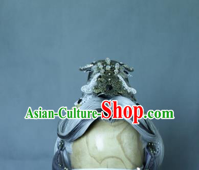 China Cosplay Fairy Queen Headdress Ancient Swordswoman Gray Wigs and Hair Crown Headpieces Traditional Puppet Show Taoist Nun Hair Accessories