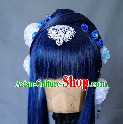 China Traditional Puppet Show Fairy Hair Accessories Cosplay Swordswoman Headdress Ancient Princess Blue Wigs and Hairpins Headpieces