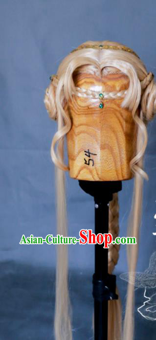 China Ancient Princess Light Golden Wigs and Headpieces Traditional Puppet Show Fairy Queen Xiang Ling Hair Accessories Cosplay Swordswoman Headdress