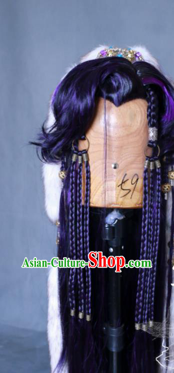 Chinese Cosplay Wolf Prince Purple Wigs and Hair Crown Traditional Puppet Show Hunter Hairpieces Handmade Ancient Swordsman Headdress