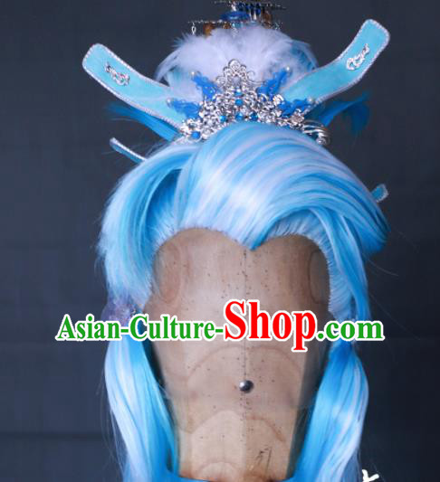 Chinese Handmade Ancient Taoist Priest Headdress Cosplay Swordsman Blue Wigs and Hair Crown Traditional Puppet Show Dragon King Hairpieces