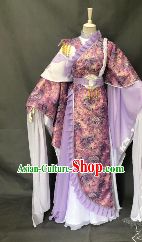 China Ancient Young Beauty Lilac Dress Outfits Traditional Puppet Show Swordswoman Hanfu Clothing Cosplay Fairy Garment Costumes