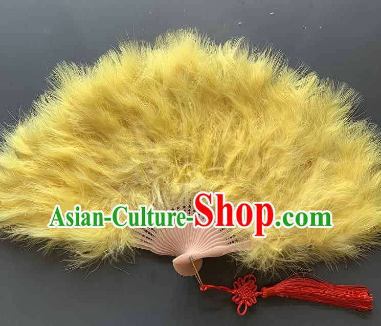 Handmade China Opera Performance Fan Folk Dance Folding Fan Traditional Yellow Feather Fans