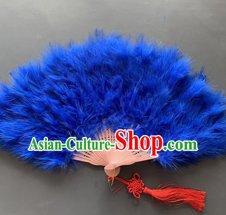 Handmade China Traditional Royalblue Feather Fans Opera Performance Fan Folk Dance Folding Fan