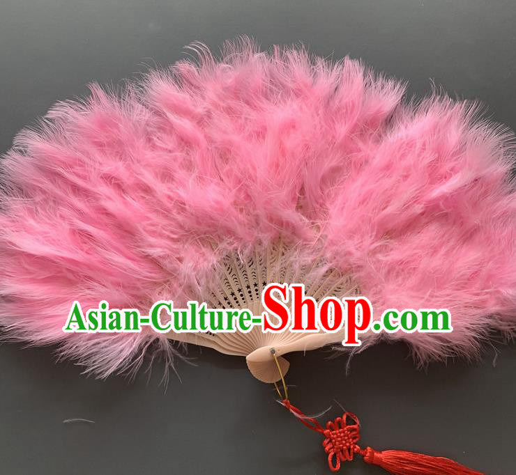 Handmade China Peking Opera Performance Fan Folk Dance Folding Fan Traditional Pink Feather Fans