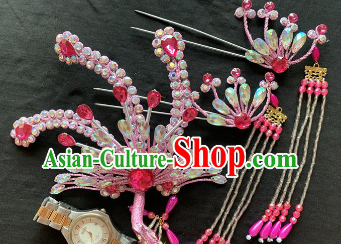 Chinese Beijing Opera Noble Lady Pink Phoenix Hair Crown and Hairpins Peking Opera Hua Tan Hair Accessories Traditional Opera Diva Headpieces