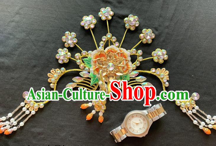 Chinese Traditional Opera Actress Headpieces Beijing Opera Princess Yellow Peony Hair Crown and Hairpins Peking Opera Diva Hair Accessories