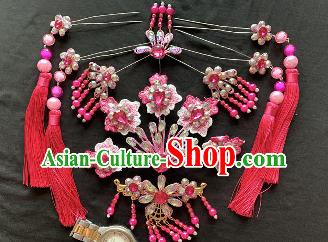 Chinese Peking Opera Diva Hair Accessories Traditional Opera Actress Headpieces Beijing Opera Princess Pink Phoenix Hair Crown and Hairpins