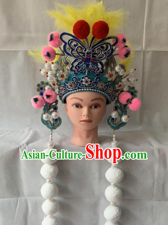 Chinese Peking Opera Swordswoman Blue Butterfly Helmet Traditional Opera Female General Headdress Beijing Opera Wudan Hat