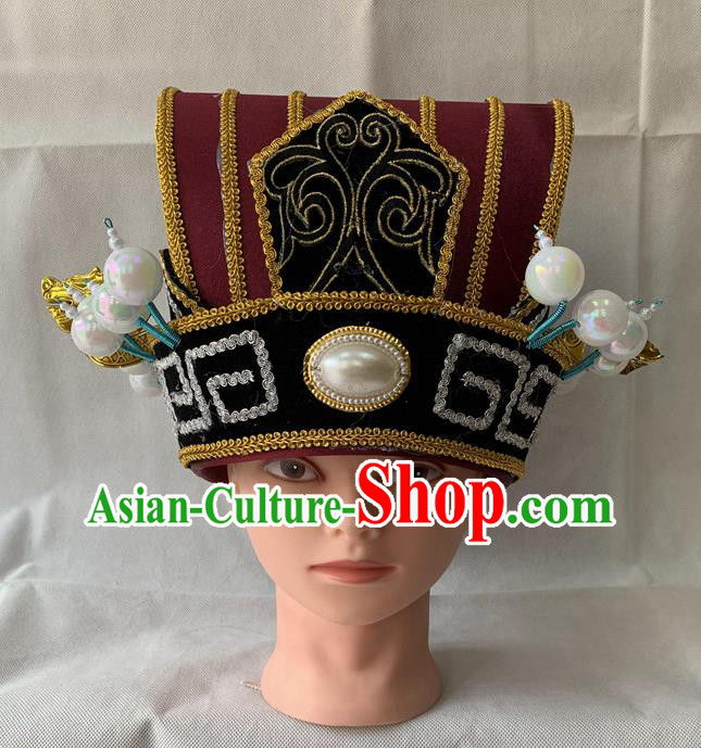 Handmade China Beijing Opera Official Headwear Ancient Prime Minister Helmet Headdress Peking Opera Laosheng Wine Red Hat