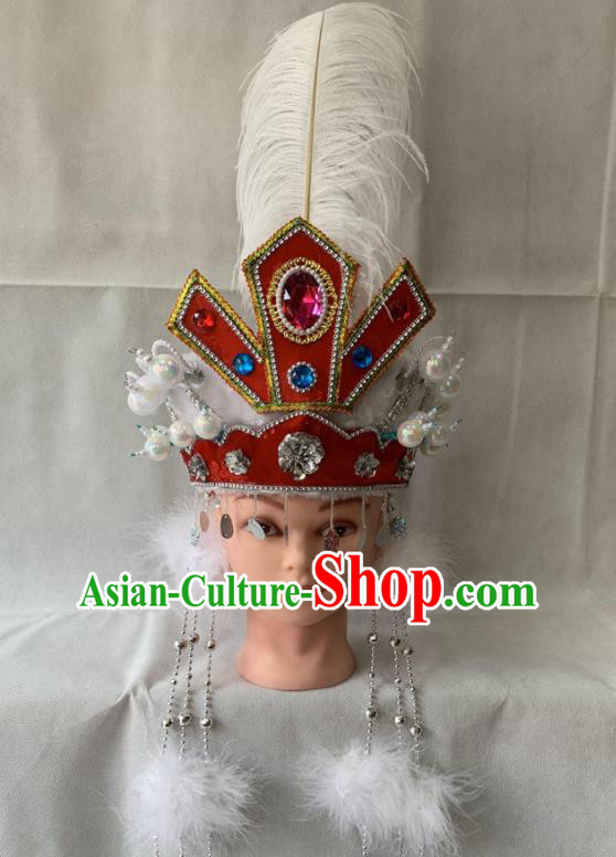 Chinese Traditional Opera Princess Headdress Beijing Opera Hua Tan Red Hat Peking Opera Diva Feather Hair Accessories