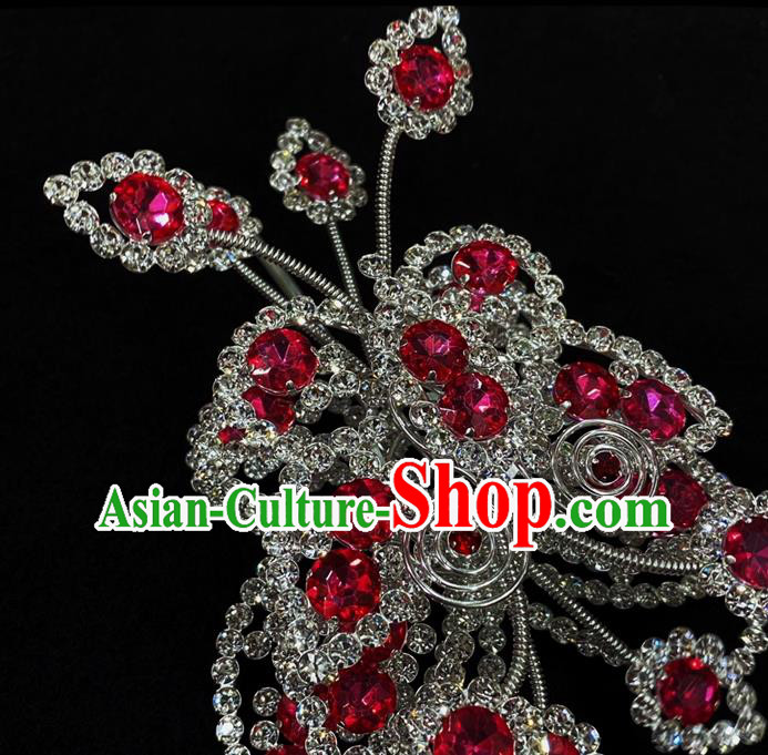 Chinese Peking Opera Actress Crystal Hair Crown Traditional Opera Princess Rosy Butterfly Hairpin Beijing Opera Hua Tan Hair Accessories