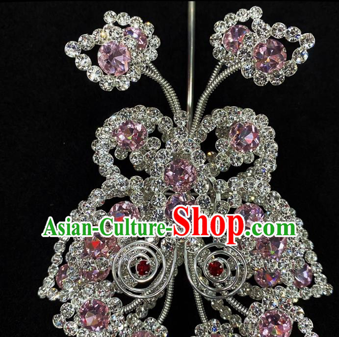 Chinese Traditional Opera Diva Pink Butterfly Hairpin Beijing Opera Hua Tan Hair Accessories Peking Opera Princess Crystal Hair Crown