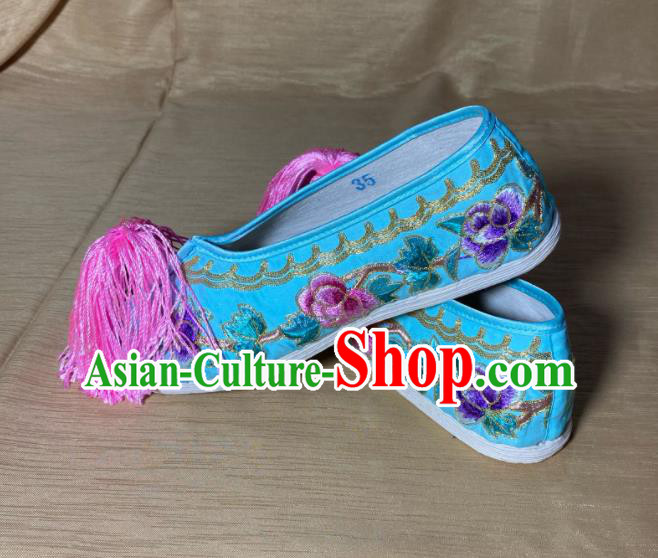 Handmade China Ancient Bride Shoes Peking Opera Princess Blue Satin Shoes Beijing Opera Hua Tan Shoes Wedding Embroidered Shoes