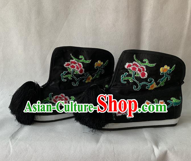 Chinese Beijing Opera Blues Shoes Peking Opera Swordswoman Black Boots Traditional Opera Female Warrior Embroidered Shoes