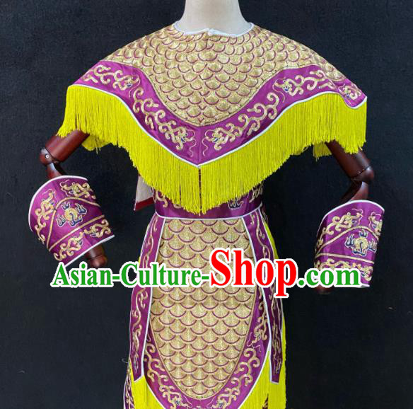 Chinese Peking Opera Swordsman Purple Armor Uniforms Traditional Opera Soldier Clothing Beijing Opera Wusheng Garment Costumes