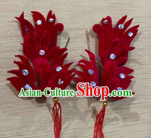 Chinese Traditional Opera Diva Red Velvet Phoenix Hairpin Beijing Opera Hua Tan Hair Accessories Peking Opera Empress Hair Stick