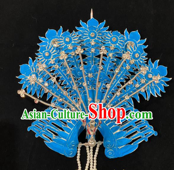Chinese Peking Opera Empress Blue Phoenix Hair Crown Traditional Opera Diva Hairpin Beijing Opera Hua Tan Hair Accessories