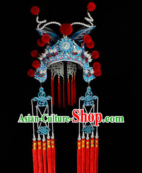 Chinese Traditional Opera Swordswoman Helmet Beijing Opera Wudan Hair Accessories Peking Opera Blues Phoenix Coronet