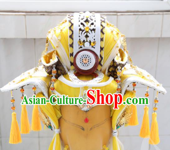 Handmade China Traditional Puppet Show Swordsman Headdress Ancient King Yellow Wigs Hairpieces Cosplay Emperor Hair Accessories
