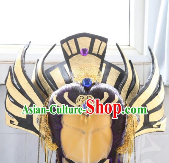Handmade China Cosplay Dragon Prince Hair Accessories Traditional Puppet Show Swordsman Headdress Ancient Immortal Purple Wigs and Hair Crown Hairpieces