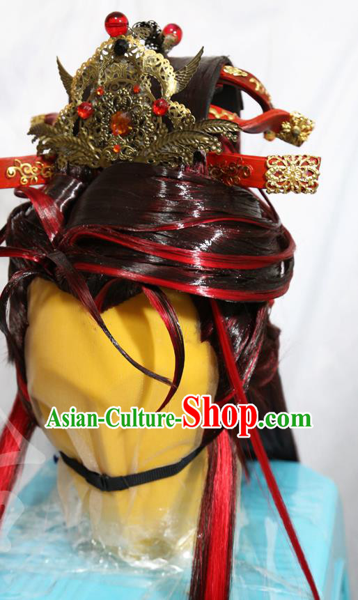 Handmade China Ancient Immortal Red Wigs and Hair Crown Hairpieces Cosplay King Hair Accessories Traditional Puppet Show Swordsman Headdress