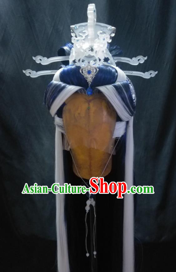 Handmade China Traditional Puppet Show Taoist Headdress Ancient King Wigs and Hair Crown Hairpieces Cosplay Swordsman Hair Accessories