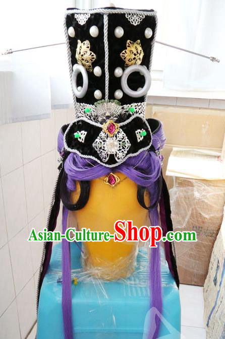 Handmade China Cosplay King Hair Accessories Traditional Puppet Show Swordsman Headdress Ancient Knight Purple Wigs and Hair Crown Hairpieces