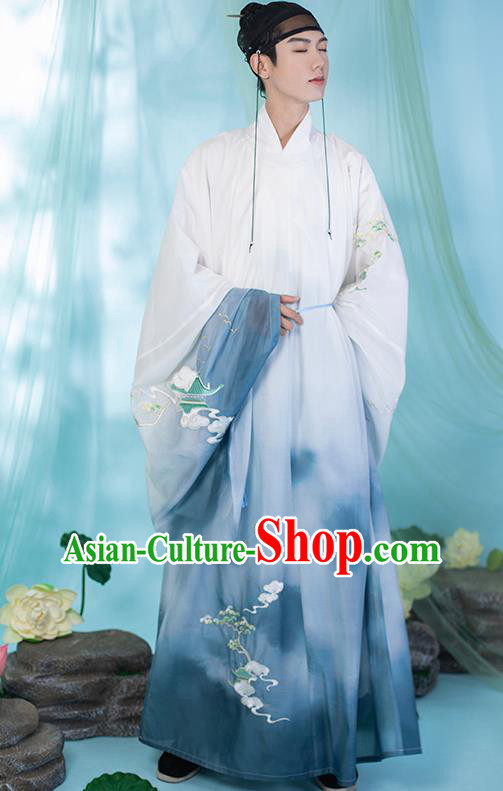 China Ancient Scholar Embroidered Blue Robe Ming Dynasty Prince Garment Costume Traditional Young Childe Historical Clothing