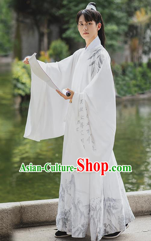 China Ming Dynasty Scholar Garment Costume Traditional Male Historical Clothing Ancient Young Childe White Hanfu Robe
