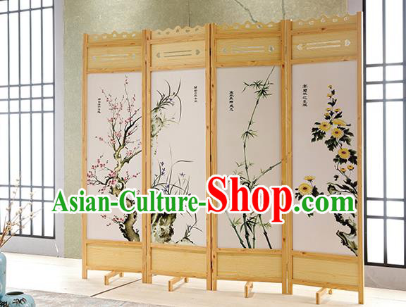 Chinese Handmade Flowers Birds Folding Screen Ink Painting Screens Home Ornaments Wood Carving Craft