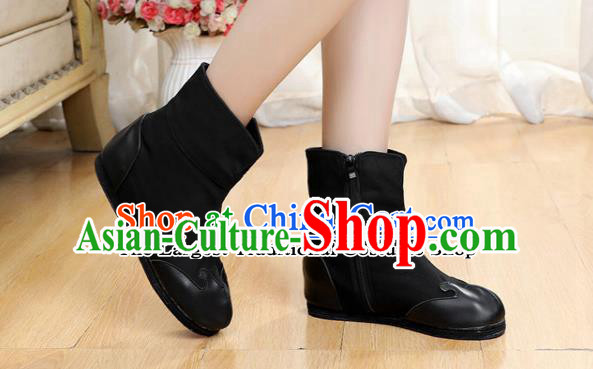 Chinese Traditional Winter Boots Ancient Swordsman Shoes Handmade Black Boots with Wool Inside