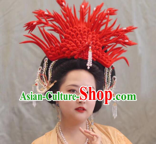 China Traditional Tang Dynasty Court Woman hair accessories Ancient Imperial Concubine Red Pheonix Crown Set
