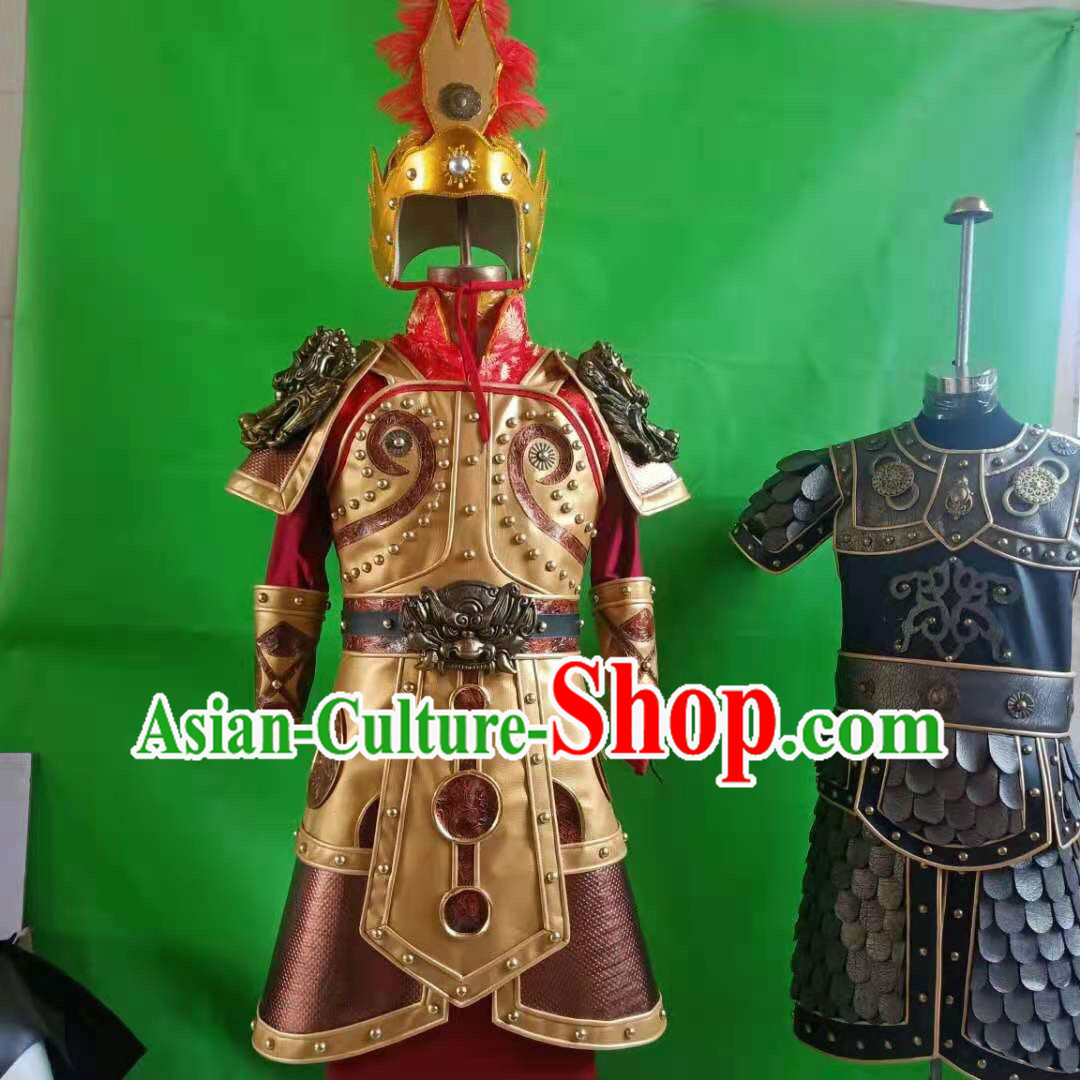 Chinese Traditional Han Dynasty Warrior Armor and Helmet Set Ancient General Garment Costumes