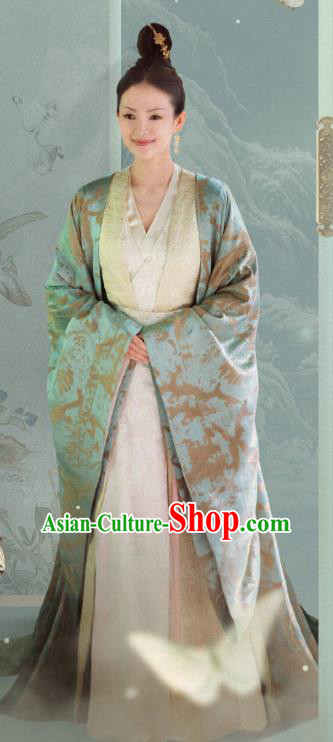 China Traditional Court Woman Clothing Ancient Royal Rani Light Green Hanfu Dress Drama The Rebel Princess Zhang Ziyi Replica Costumes and Headdress