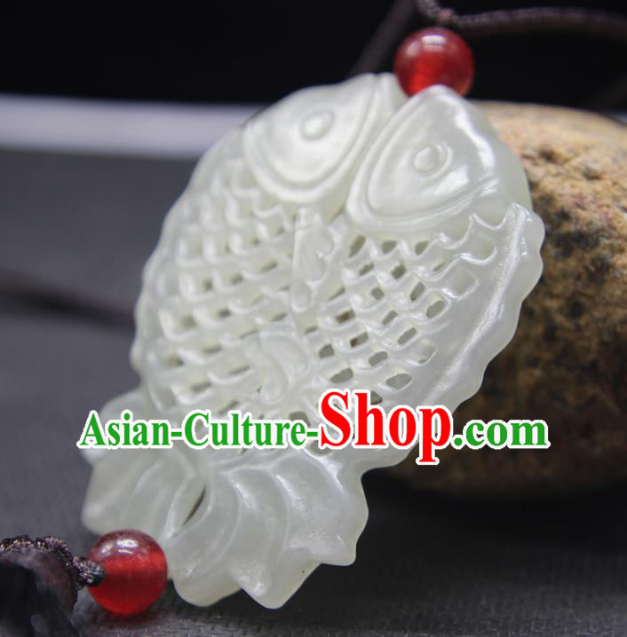 China National Hetian Jade Sachet Classical Cheongsam Jewelry Accessories Handmade Carving Double Fishes Pendant