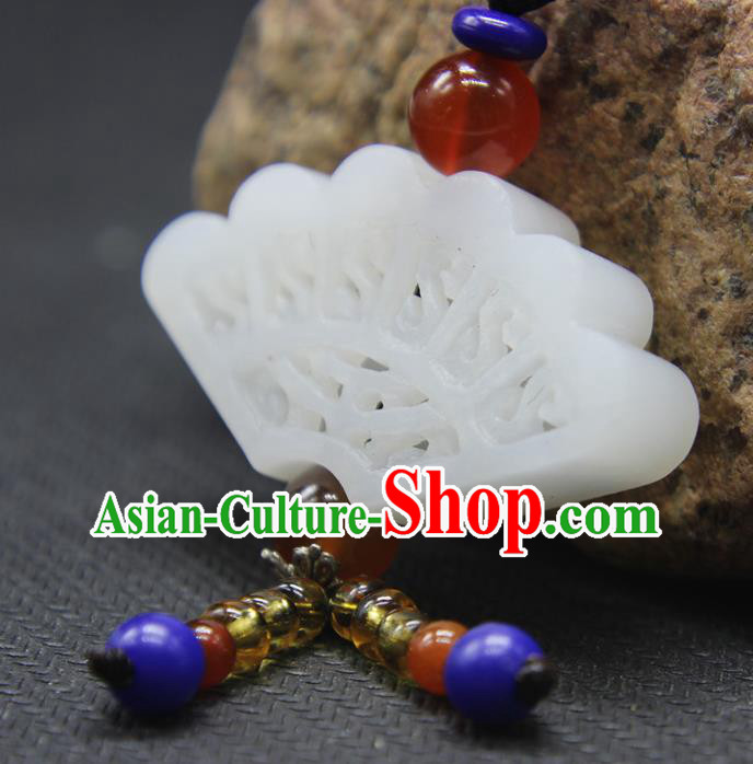 China Classical Jewelry Accessories Handmade Carving Fan Pendant National Hetian Jade Sachet