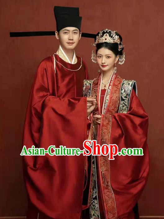 China Ancient Wedding Clothing Traditional Song Dynasty Bride and Groom Garment Costumes and Headdress Complete Set