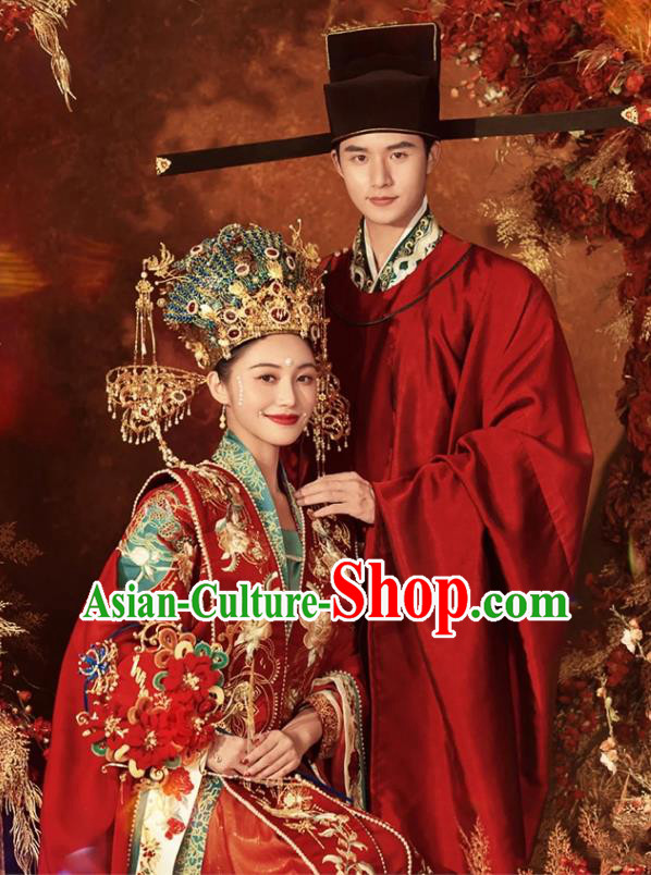 China Traditional Song Dynasty Wedding Garment Costumes Ancient Empress and Emperor Clothing and Headdress