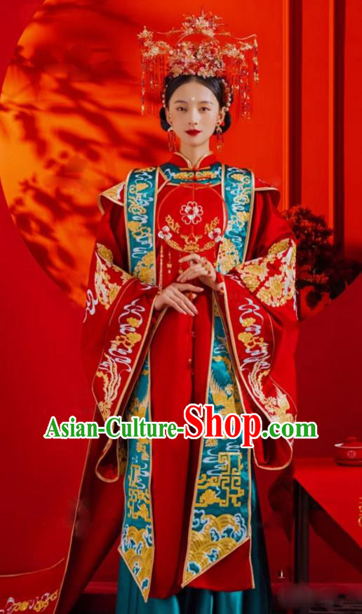 China Traditional Song Dynasty Bride Garment Costumes Ancient Empress Xia Pei Wedding Clothing and Phoenix Coronet