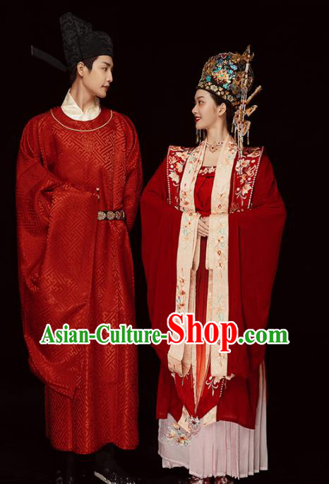 Chinese Traditional Wedding Clothing Song Dynasty Hanfu Dress Suits Ancient Bride and Groom Garment Costumes and Headdress